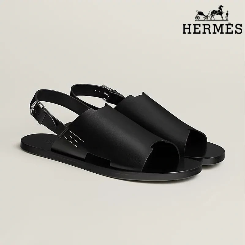 Hermès Black Smooth Leather Slingback Sandals