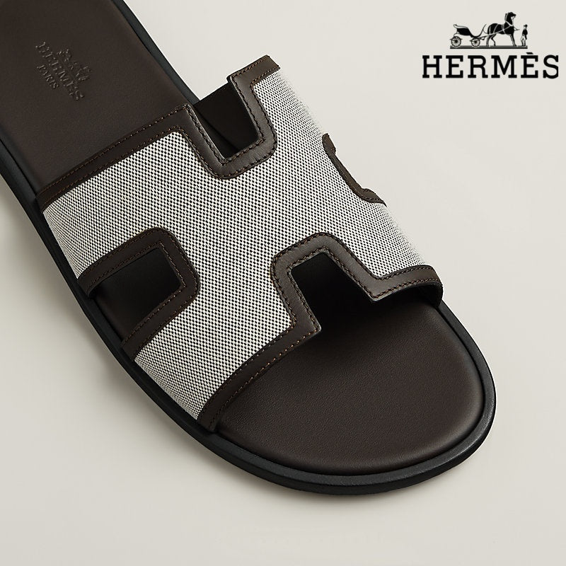 Hermès Izmir Beige Canvas Slide Sandals with Leather Trim