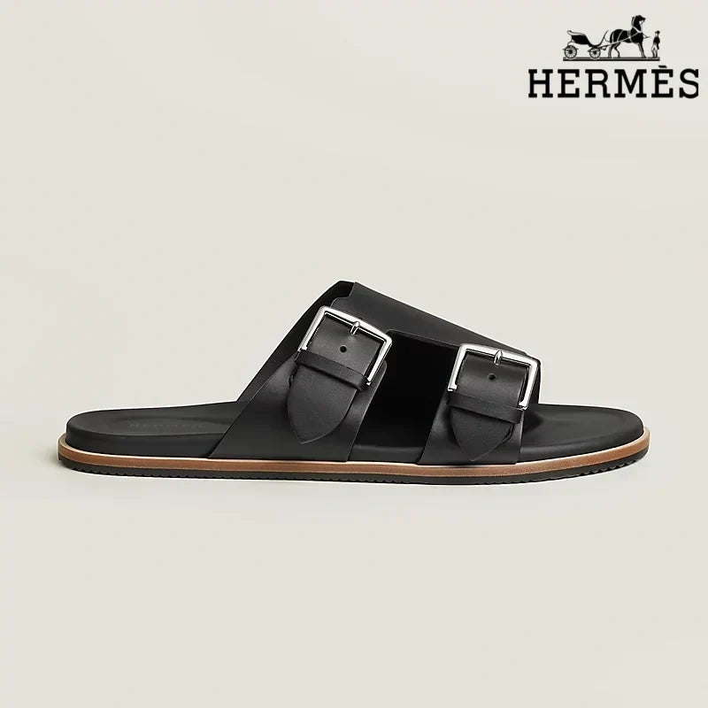 Hermès Beige Suede Slide Sandals with Double Silver Buckles