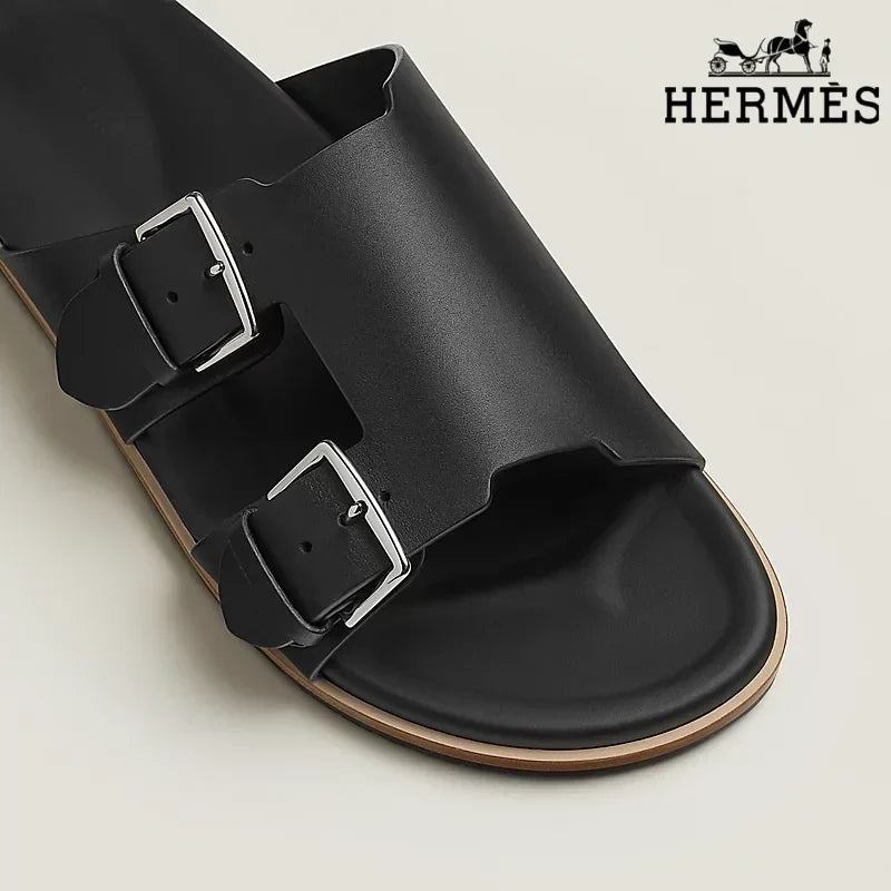 Hermès Beige Suede Slide Sandals with Double Silver Buckles