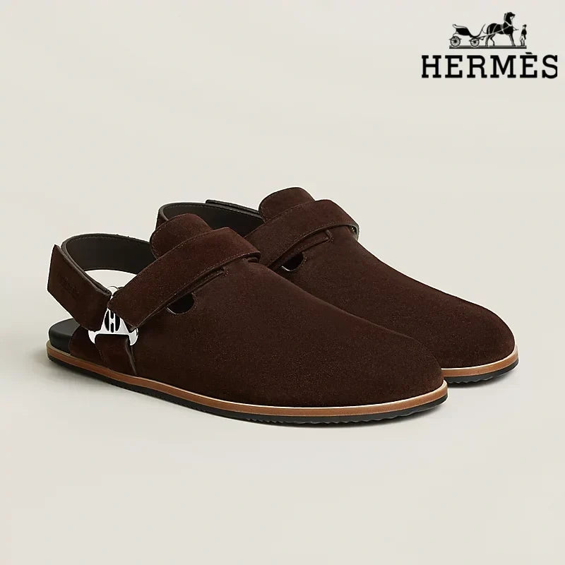 Hermès Dark Brown Suede Slingback Mules with Silver H Turnlock