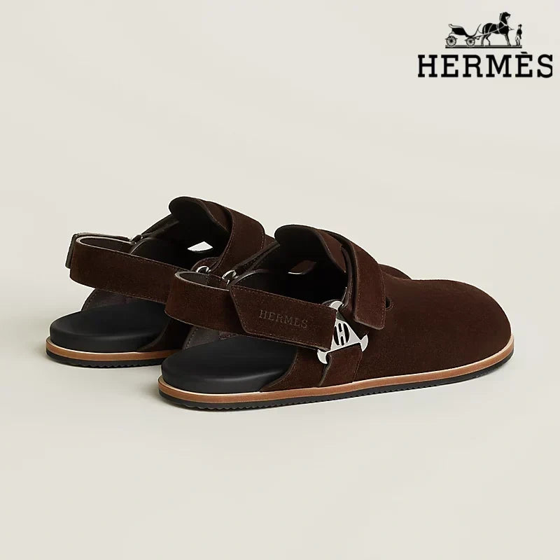 Hermès Dark Brown Suede Slingback Mules with Silver H Turnlock
