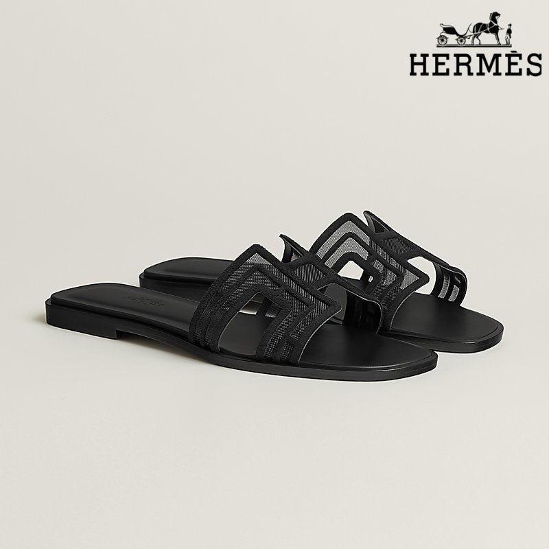 Hermès Black Mesh Slide Sandals with H Cutout