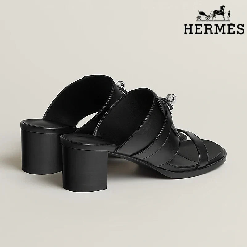 Hermès Black Smooth Leather Heeled Slide Sandals with Silver Kelly Buckle