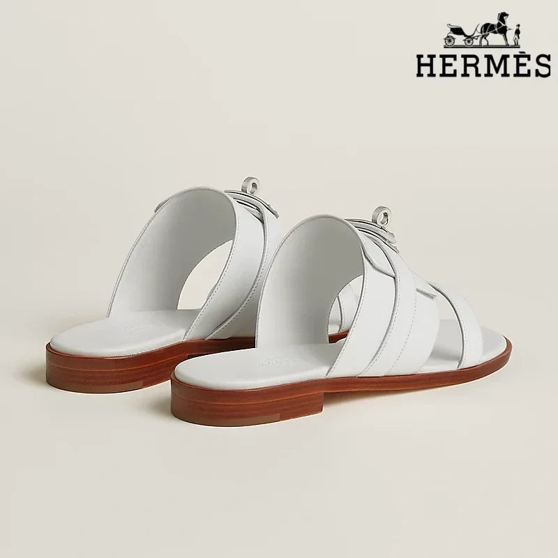 Hermès White female shoes Smooth Leather Slide Sandals with Silver Kelly Buckle