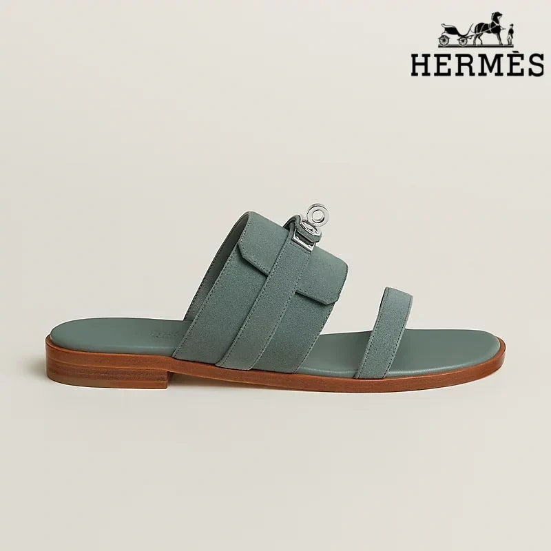 Hermès Sage Green Suede Slide Sandals with Silver Kelly Buckle