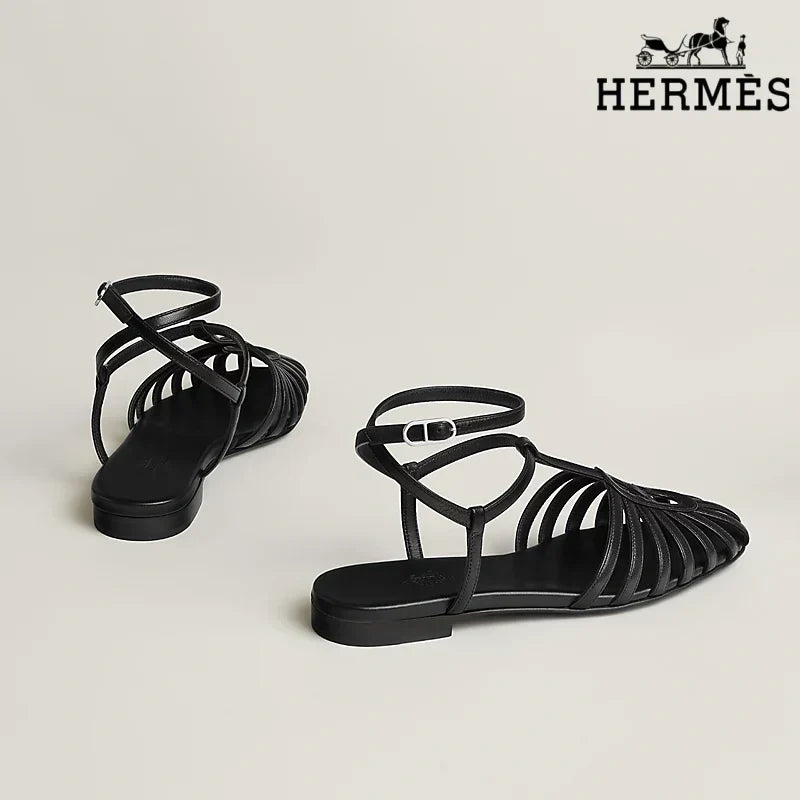 Hermès Black Leather Ankle Strap Cage Sandals