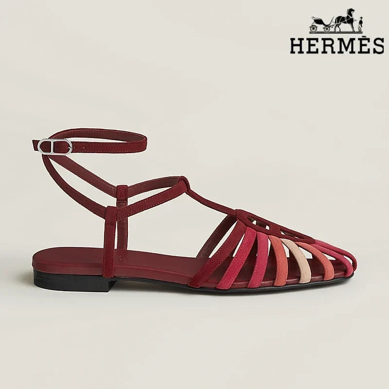 Hermès Multicolor Red Suede Ankle Strap Cage Sandals