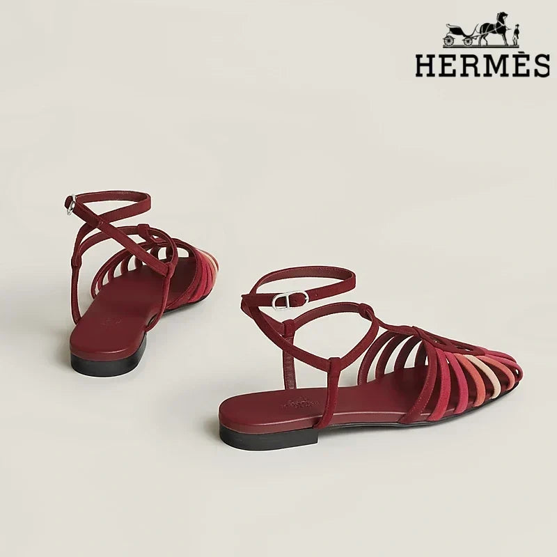 Hermès Multicolor Red Suede Ankle Strap Cage Sandals