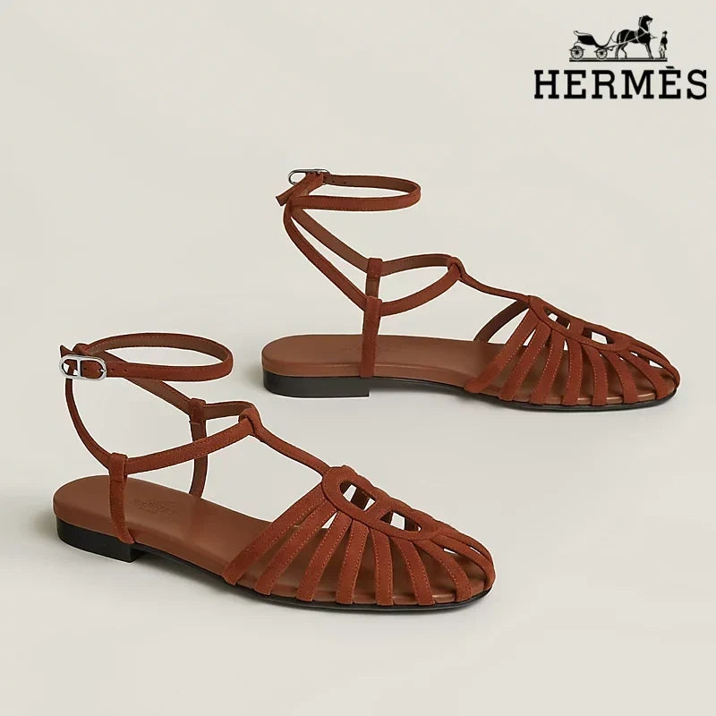 Hermès Cognac Brown Suede Ankle Strap Cage Sandals