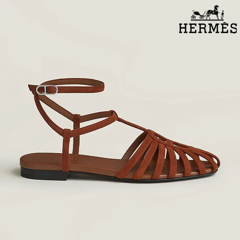 Hermès Cognac Brown Suede Ankle Strap Cage Sandals