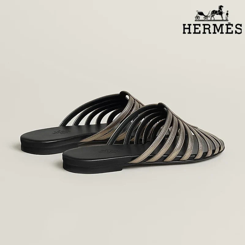 Hermès Metallic Bronze Leather Cage Slide Sandals