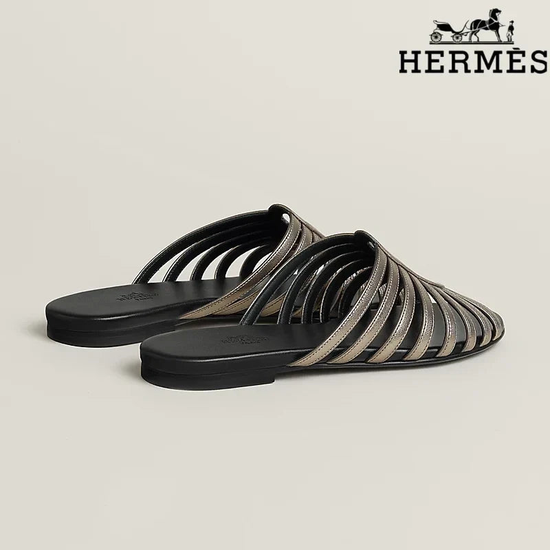 Hermès Metallic Bronze Leather Flat Slide Sandals