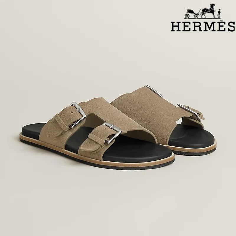 Hermès Khaki Suede Double Buckle Slide Sandals