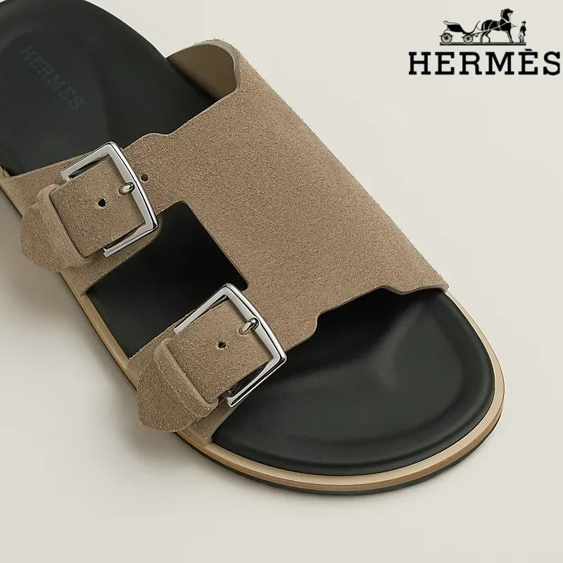 Hermès Khaki Suede Double Buckle Slide Sandals