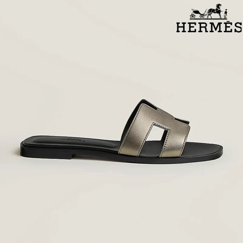 Hermès Oran Metallic Bronze Leather Slide Sandals