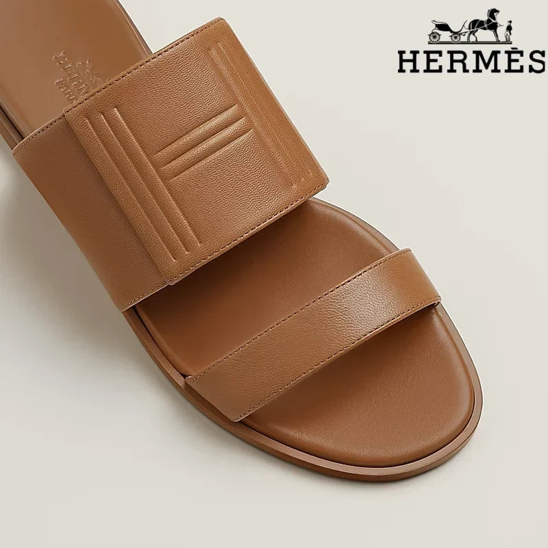 Hermès  female slides Tan Calfskin Two-Strap Flat Slide Sandals