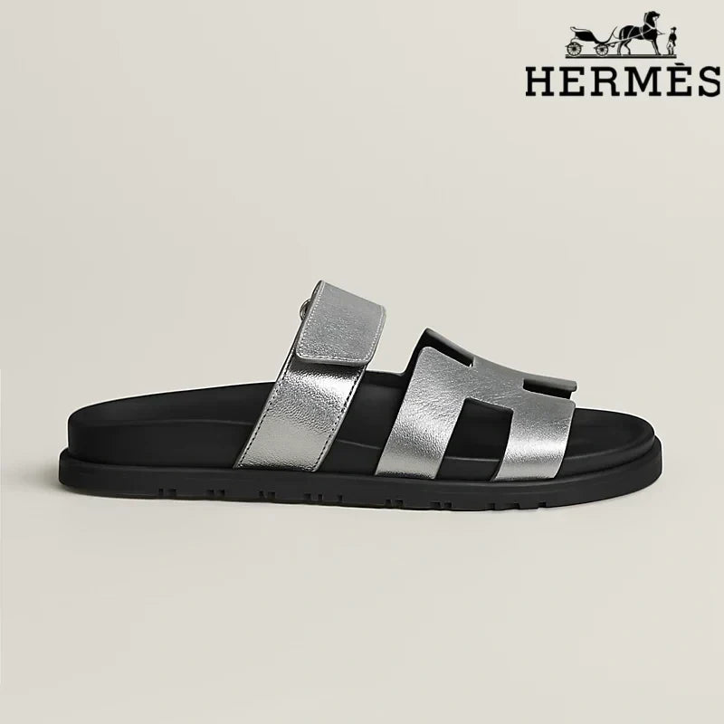 Hermès Silver Metallic Leather H Cutout Slide Sandals