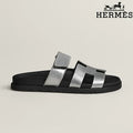 Hermès Silver Metallic Leather H Cutout Slide Sandals