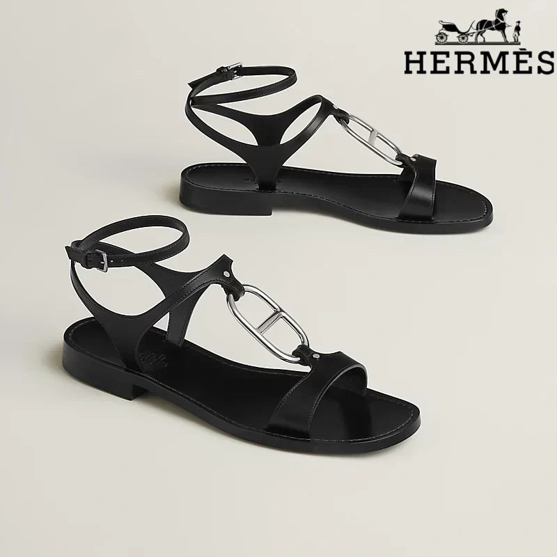 Hermès Black Calfskin Ankle Strap Flat Sandals