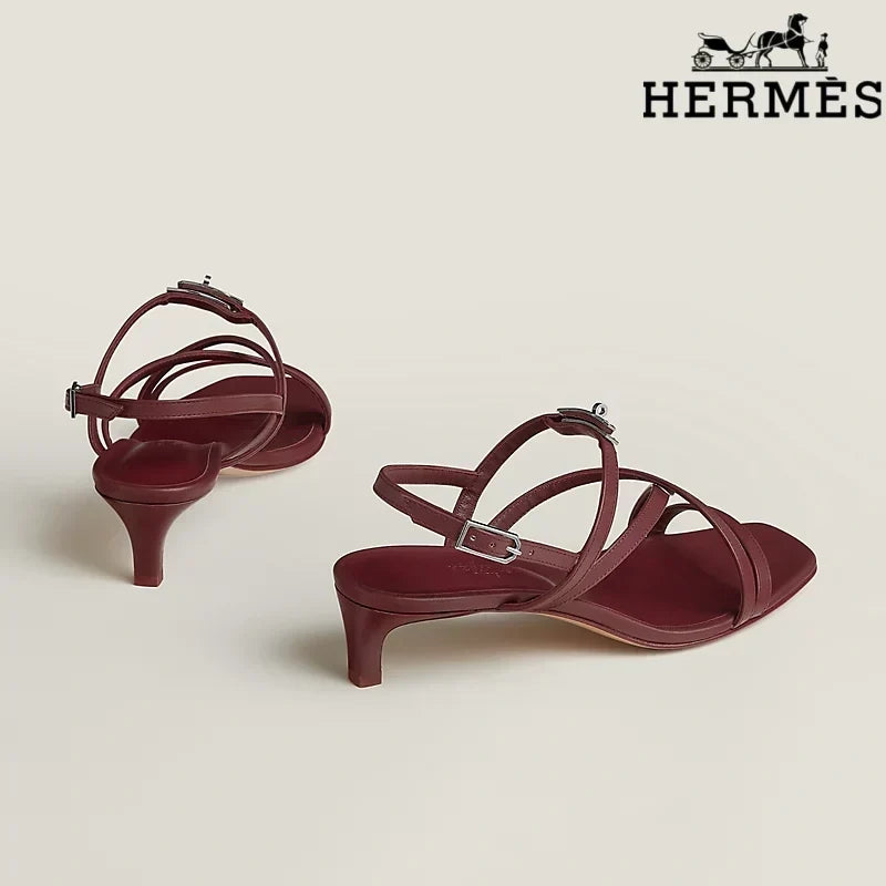Hermès Burgundy Calfskin Crisscross Strap Kitten Heel Sandals
