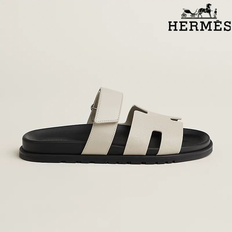 Hermès Cream Leather H Cutout Double-Strap Slide Sandals