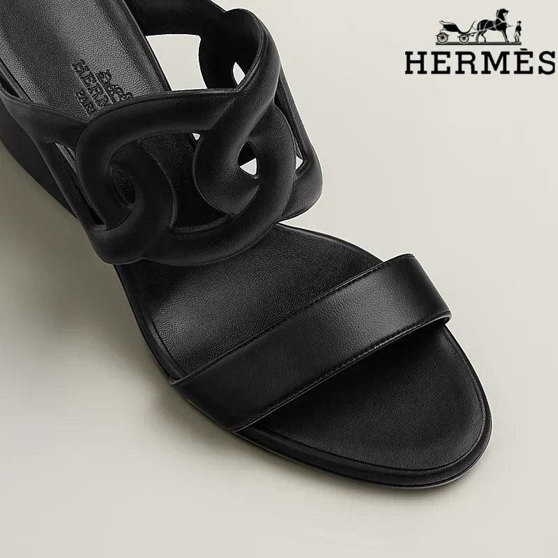 Hermès H Cutout Platform Wedge Sandal Black Calfskin
