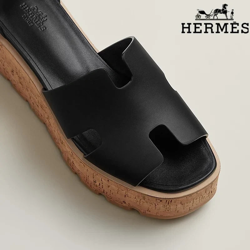 Hermès Black Calfskin H Cutout Platform Wedge Sandals