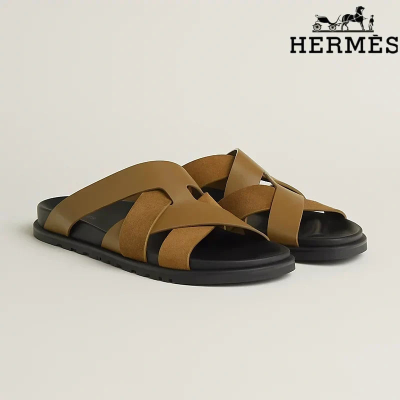 Hermès Brown Leather and Suede Cross-Strap Slide Sandals