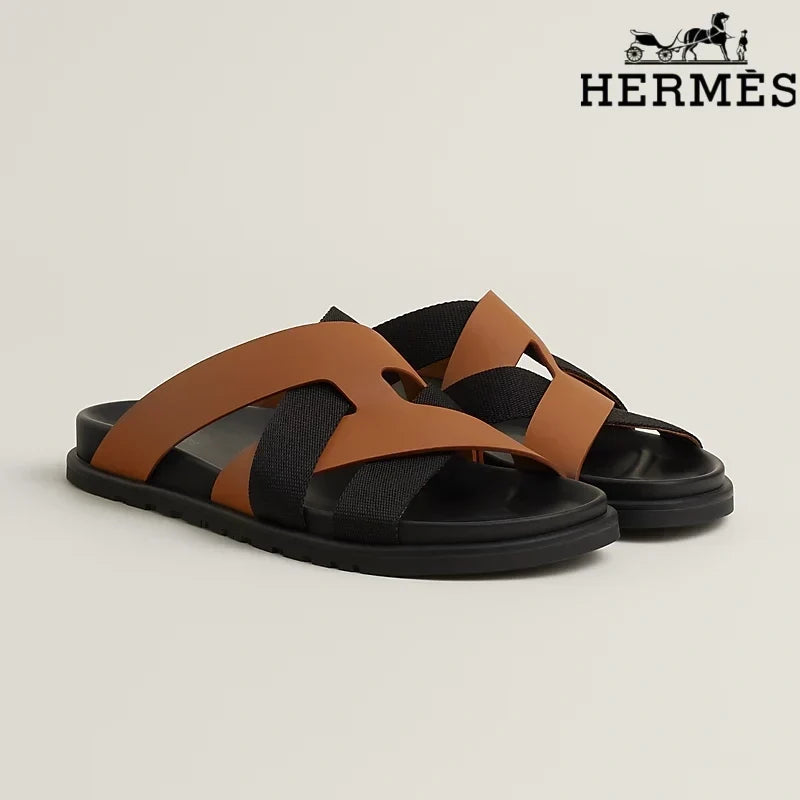 Hermès   slides Tan Leather and Black Webbing Cross-Strap Slide Sandals
