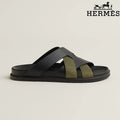 Hermès Black Leather and Olive Webbing Cross-Strap Slide Sandals
