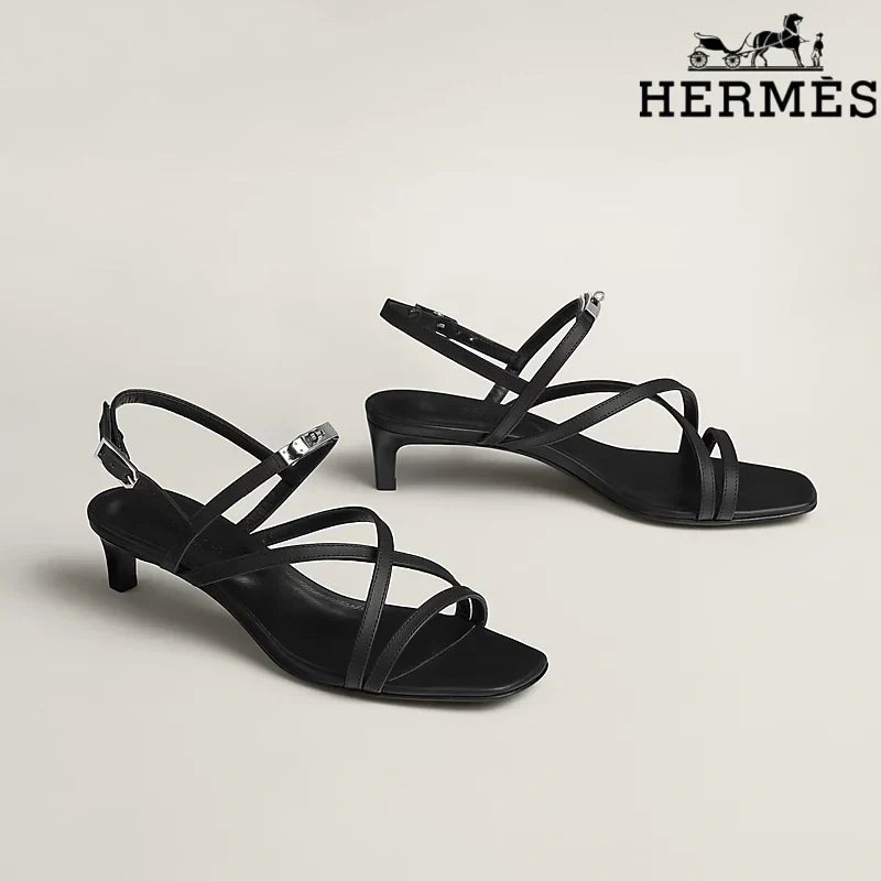 Hermès Black Calfskin Crisscross Strap Kitten Heel Sandals
