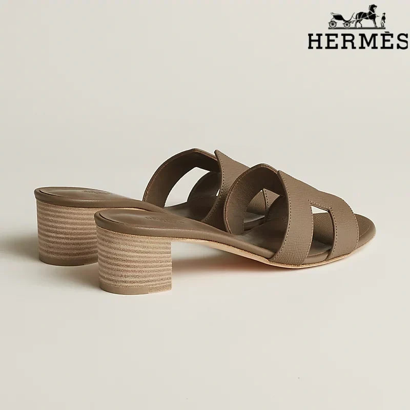 Hermès Oasis Taupe Block Heel Mules
