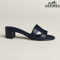 Hermès Dark Navy Leather Heeled Slide Sandals