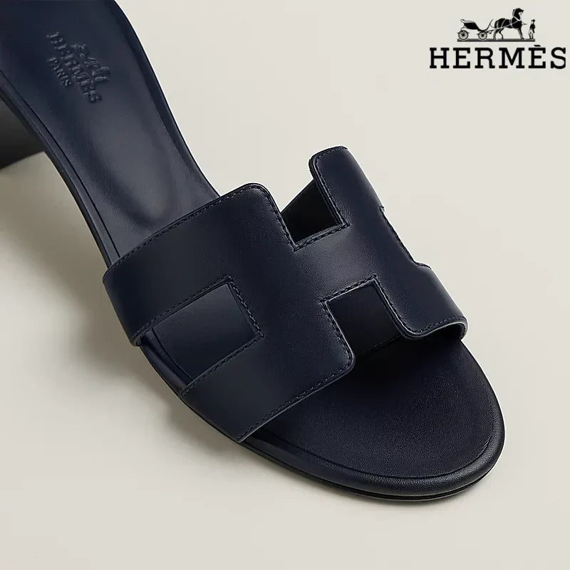 Hermès Dark Navy Leather Heeled Slide Sandals