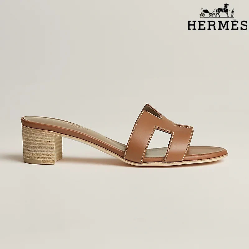 Hermès Brown Leather Heeled Slide Sandals