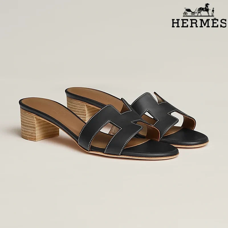 Hermès Black Leather Heeled Slide Sandals