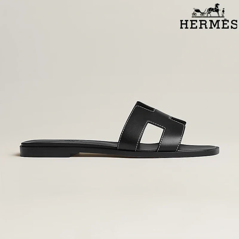 Hermès Black Leather Oran Slide Sandals