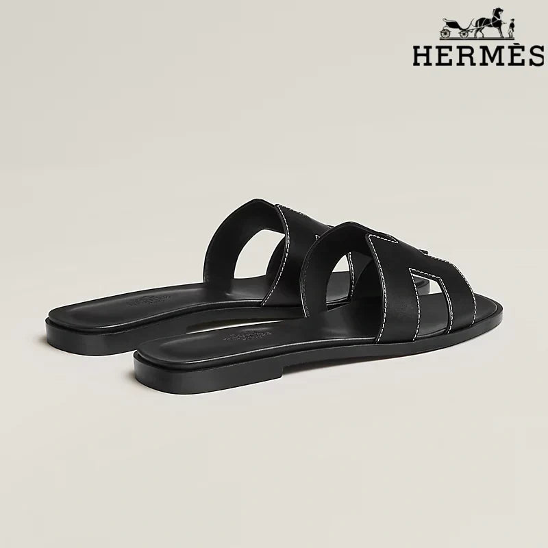 Hermès Black Leather Oran Slide Sandals