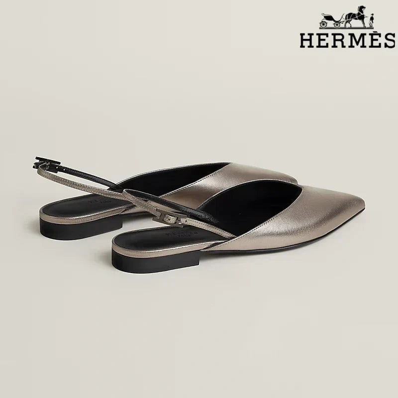 Hermès Metallic Bronze Leather Slingback Flats