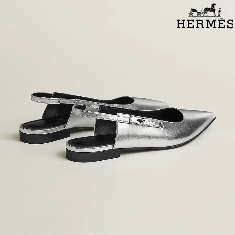 Hermès Silver Metallic Leather Slingback Flats