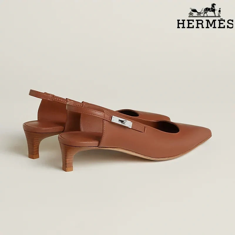 Hermès Brown Leather Slingback Kitten Heels