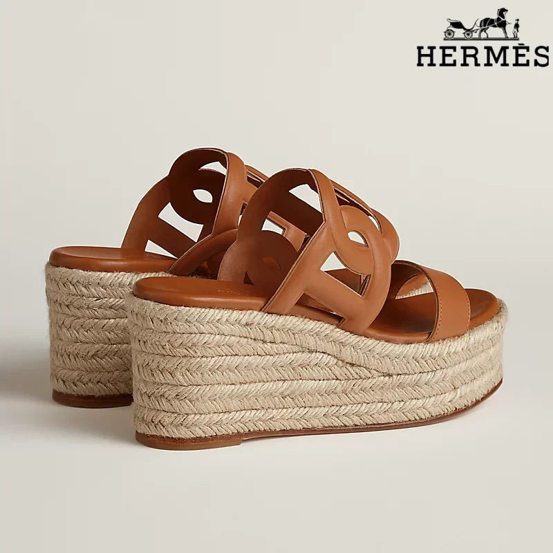 Hermès Brown Leather Wedge Espadrille Sandal