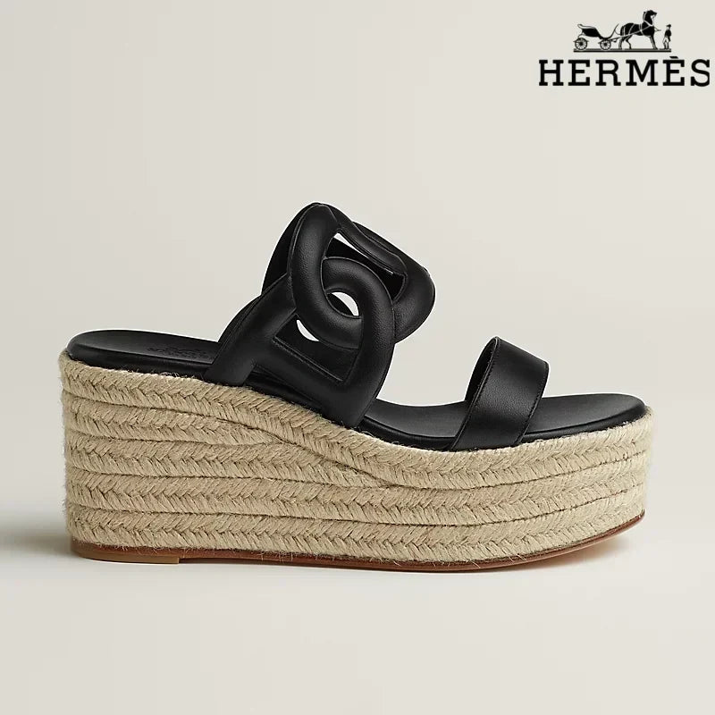 Hermès Black Leather Wedge Espadrille Sandal