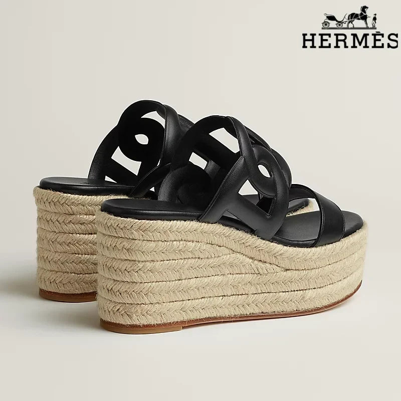 Hermès Black Leather Wedge Espadrille Sandal