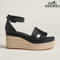 Hermès Black Leather Wedge Espadrille Sandal