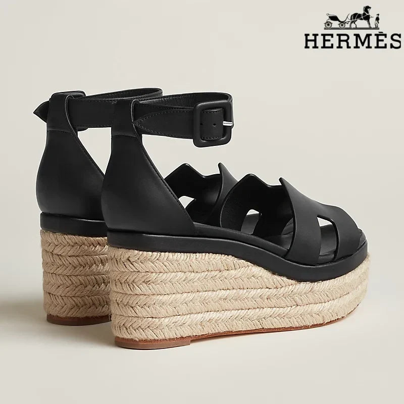 Hermès Black Leather Wedge Espadrille Sandal