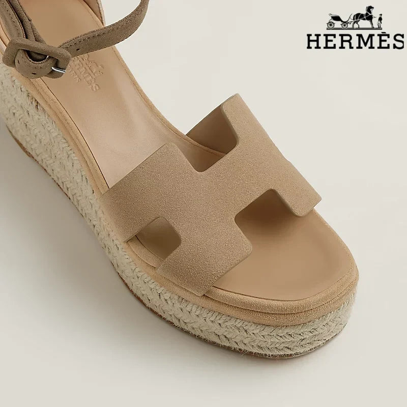 Hermès Beige Suede Wedge Espadrille Sandal