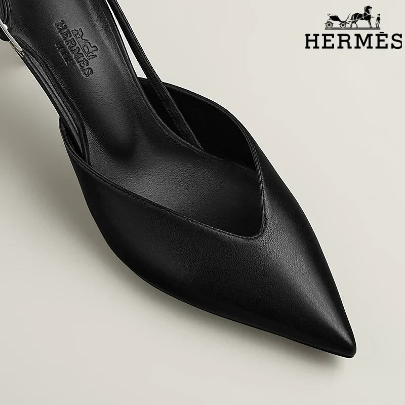 Hermès Black Leather Slingback High Heels