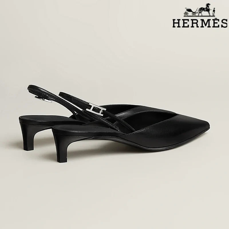 Hermès Black Leather Slingback Kitten Heels